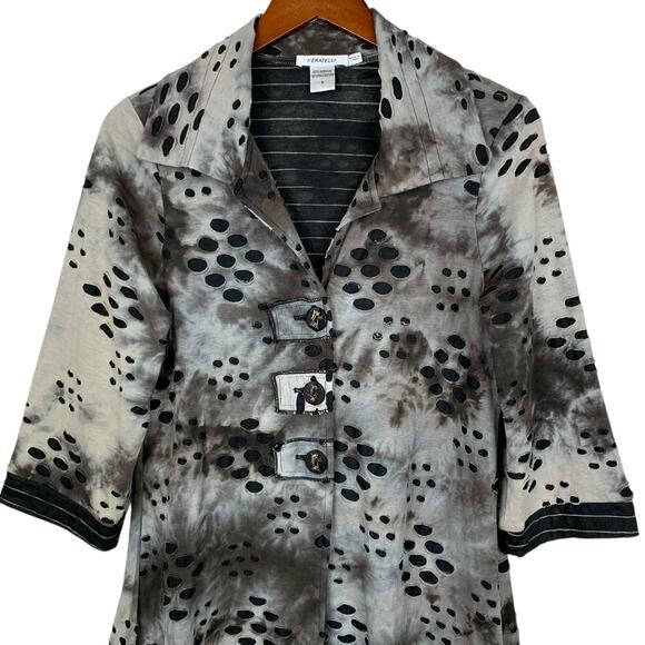 Feratelli Jacket Grey Black Button Front Top 3/4 Sleeve Women's S Artsy Boho - Picture 2 of 11